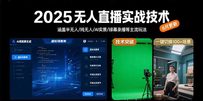 2025无人直播实战技术-8月，涵盖半无人/纯无人/AI实景/绿幕录播等主流玩法-创业吧