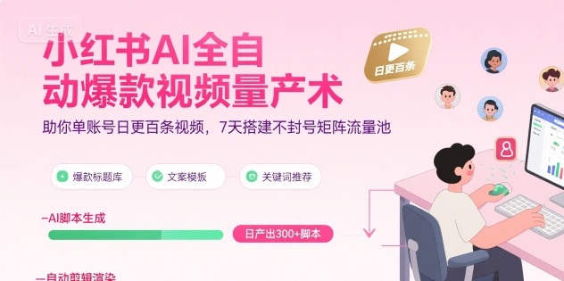 小红书AI全自动爆款视频量产术，助你单账号日更百条视频，7天搭建不封号矩阵流量池(更新8月)-创业吧