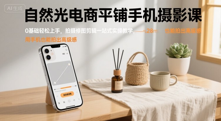 自然光电商平铺手机摄影课，0基础轻松上手，拍摄修图剪辑一站式实操教学，用手机也能拍出高级感-创业吧