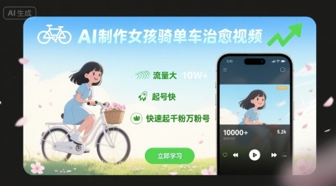 AI制作女孩骑单车治愈视频，流量大，起号快，快速起千粉万粉号-创业吧