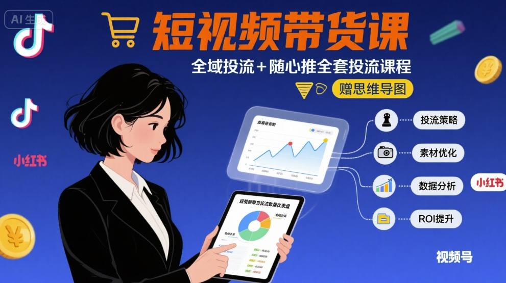 最新短视频带货课，全域投流+随心推全套投流课程+思维导图-创业吧