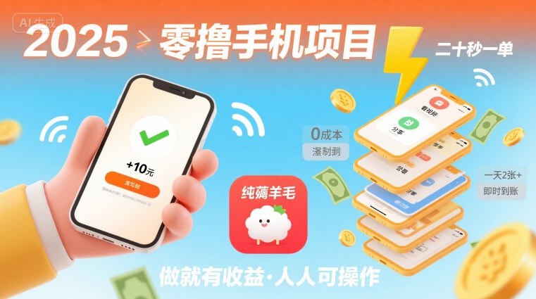 2025年零撸手机项目，二十秒一单，纯薅羊毛 一天2张+做就有-创业吧