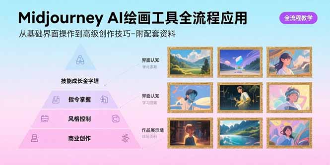 Midjourney AI绘画工具全流程应用，从基础界面操作到高级创作-附配套资料-创业吧