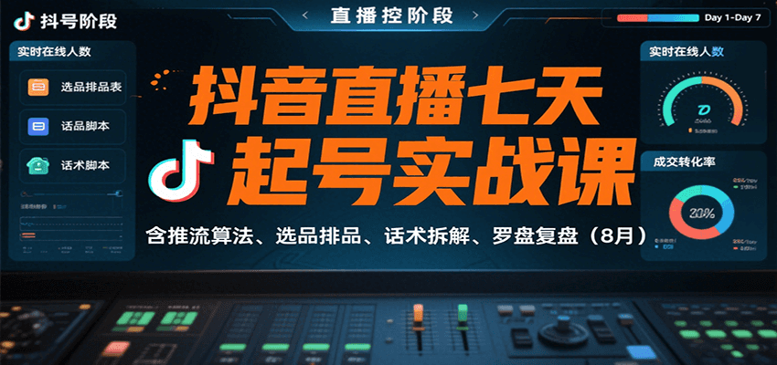 抖音直播七天起号实战课：含推流算法、选品排品、话术拆解、罗盘复盘(8月)-创业吧