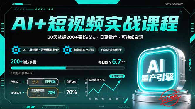 AI+短视频实战课程：30天掌握200+硬核技法，实现日更量产可持续变现-创业吧