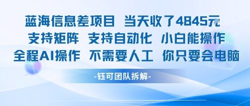 蓝海信息差项目当天收米1k+ 支持矩阵支持自动化小白能操作全程AI操作不需要人工你只要会电脑-创业吧